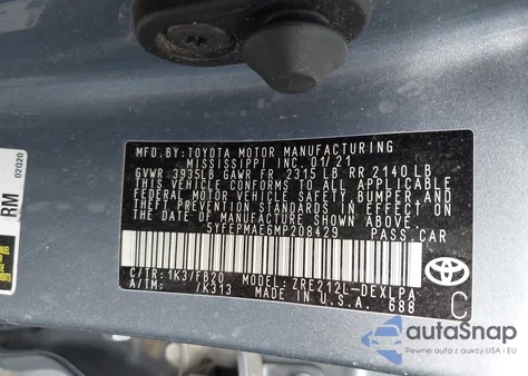 2021 Toyota Corolla Le из США, поврежденный, VIN 5YFEPMAE6MP208429